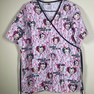 BETTY BOOP King Features Pink Hearts SCRUB Top Two Pockets Size Large!